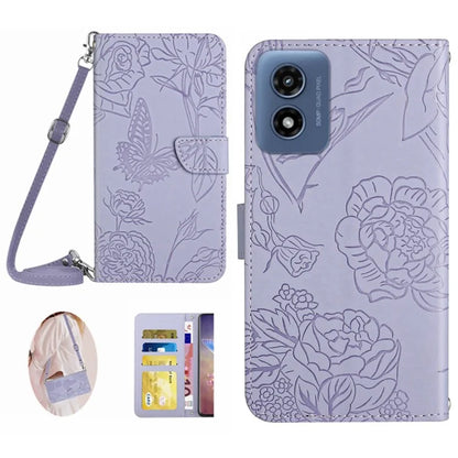 HT03 For Motorola Moto E14 4G / G04 4G / G04s 4G / G24 4G Case Butterfly Flowers Leather Phone Cover with Shoulder Strap