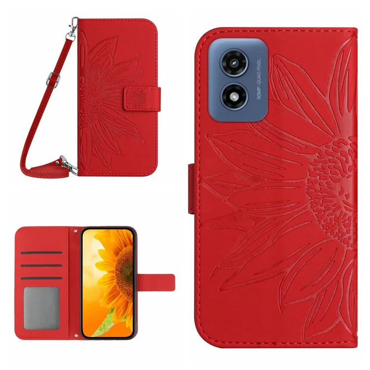 HT04 For Motorola Moto E14 4G / G04 4G / G04s 4G / G24 4G Case with Shoulder Strap Sunflower Phone Leather Cover