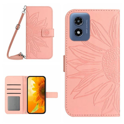 HT04 For Motorola Moto E14 4G / G04 4G / G04s 4G / G24 4G Case with Shoulder Strap Sunflower Phone Leather Cover