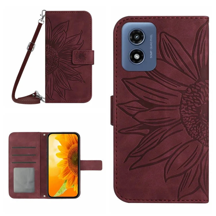 HT04 For Motorola Moto E14 4G / G04 4G / G04s 4G / G24 4G Case with Shoulder Strap Sunflower Phone Leather Cover