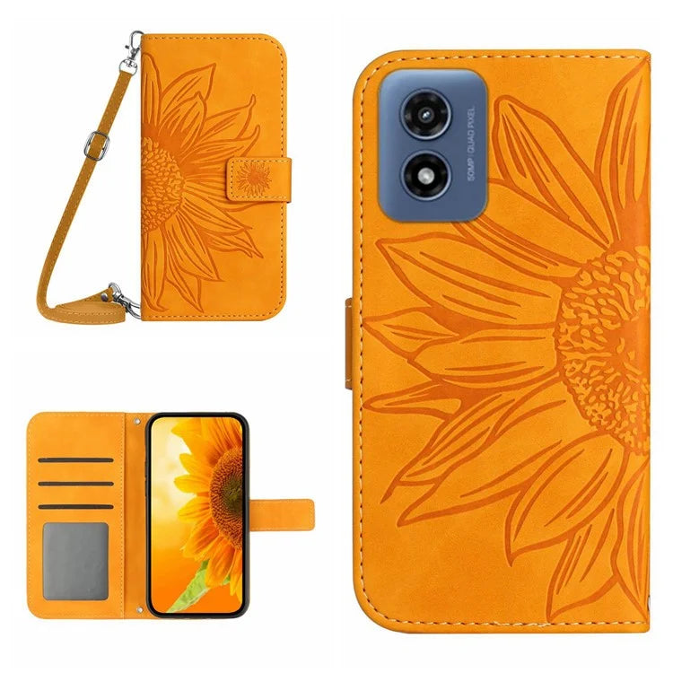 HT04 For Motorola Moto E14 4G / G04 4G / G04s 4G / G24 4G Case with Shoulder Strap Sunflower Phone Leather Cover