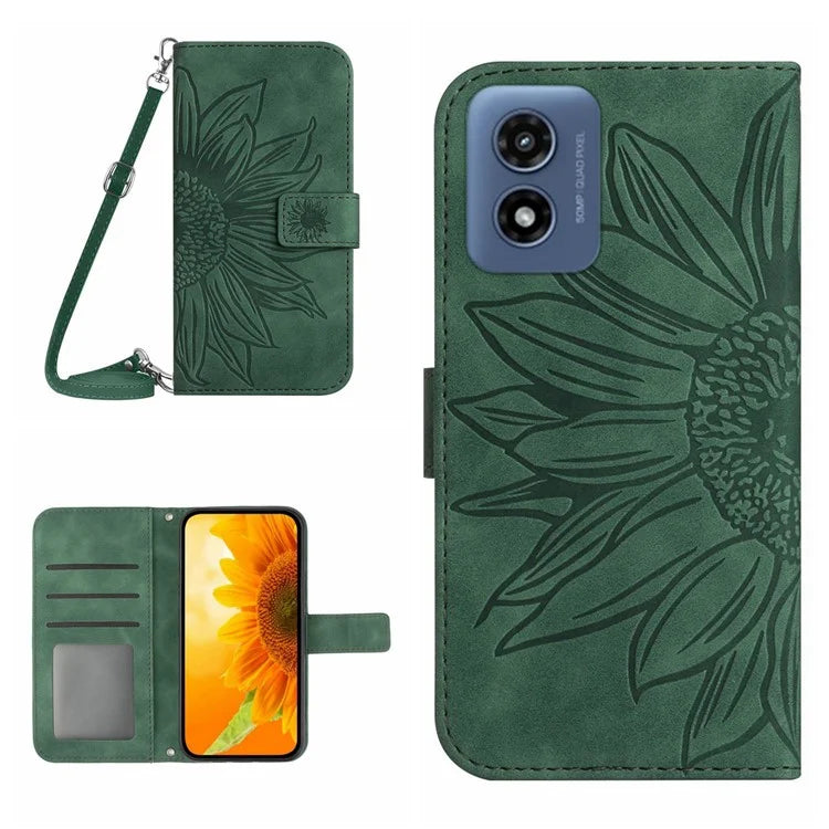 HT04 For Motorola Moto E14 4G / G04 4G / G04s 4G / G24 4G Case with Shoulder Strap Sunflower Phone Leather Cover