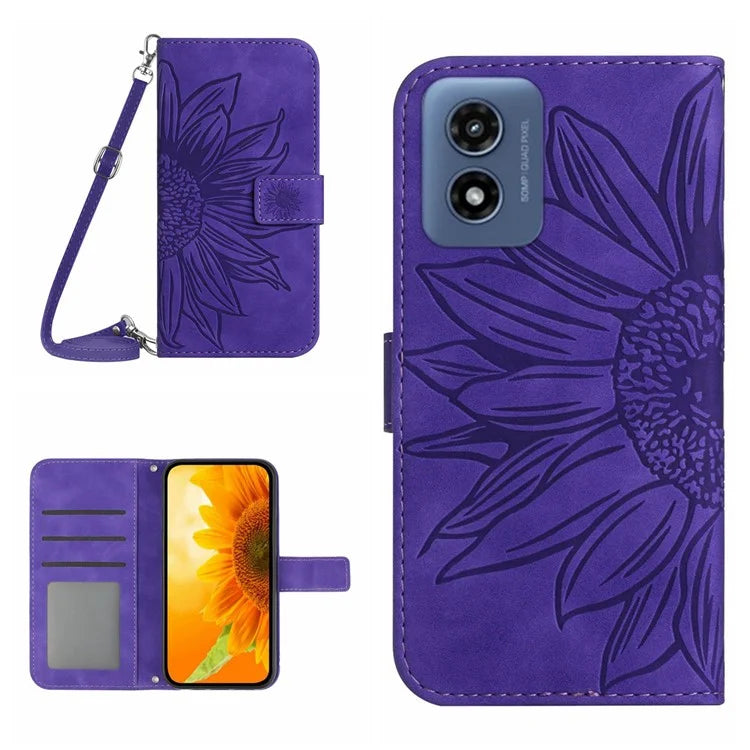 HT04 For Motorola Moto E14 4G / G04 4G / G04s 4G / G24 4G Case with Shoulder Strap Sunflower Phone Leather Cover