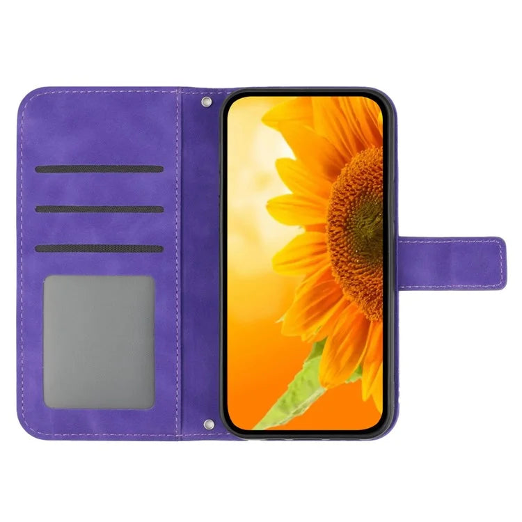 HT04 For Motorola Moto E14 4G / G04 4G / G04s 4G / G24 4G Case with Shoulder Strap Sunflower Phone Leather Cover