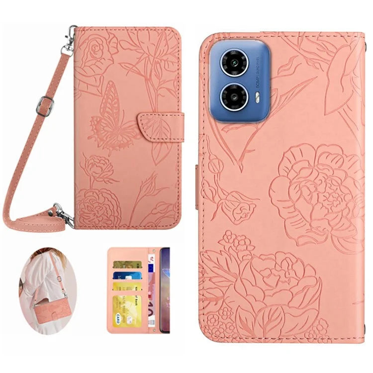 HT03 For Motorola Moto G85 5G / S50 Neo 5G Crossbody Case Butterfly Flowers Leather Phone Cover Flip Wallet