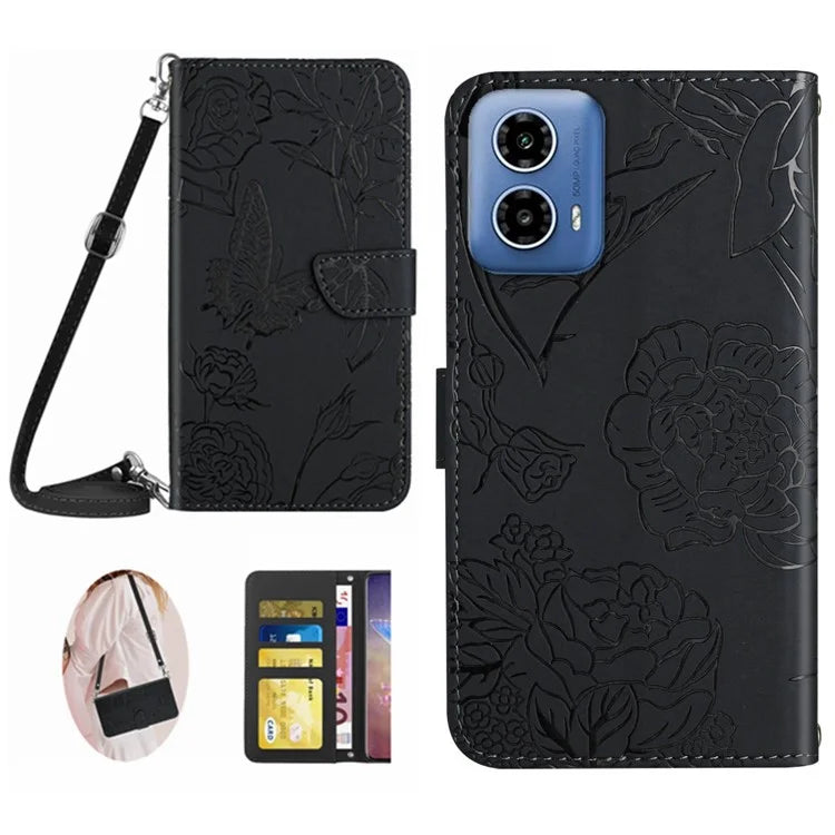 HT03 For Motorola Moto G85 5G / S50 Neo 5G Crossbody Case Butterfly Flowers Leather Phone Cover Flip Wallet