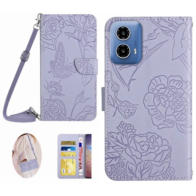 HT03 For Motorola Moto G85 5G / S50 Neo 5G Crossbody Case Butterfly Flowers Leather Phone Cover Flip Wallet