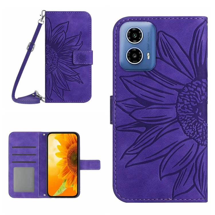 HT04 For Motorola Moto G85 5G / S50 Neo 5G Case Sunflower Imprinted Crossbody Leather Phone Cover