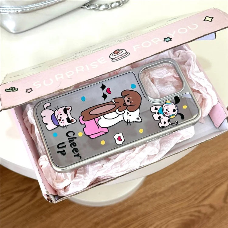 For iPhone 12 Pro Case Cute Animal Pattern Electroplating Mirror TPU+Acrylic Phone Shell