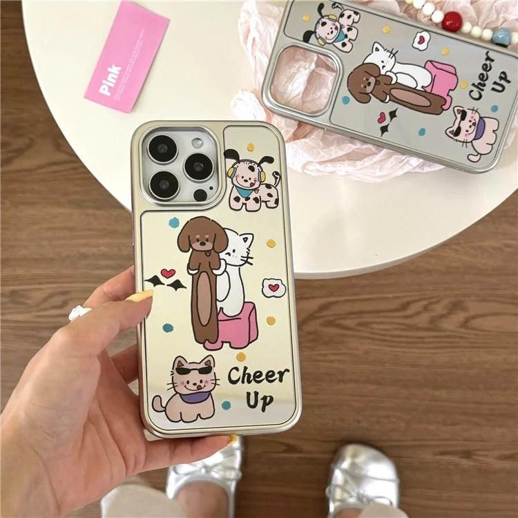 For iPhone 12 Pro Case Cute Animal Pattern Electroplating Mirror TPU+Acrylic Phone Shell