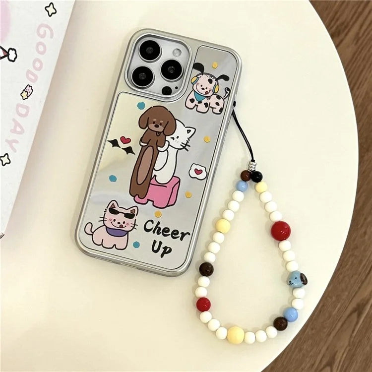 For iPhone 15 Pro Case with Strap Electroplated Mirror Animal Pattern TPU+Acrylic  Phone Cover