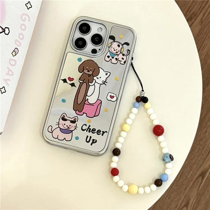 For iPhone 15 Pro Case with Strap Electroplated Mirror Animal Pattern TPU+Acrylic  Phone Cover