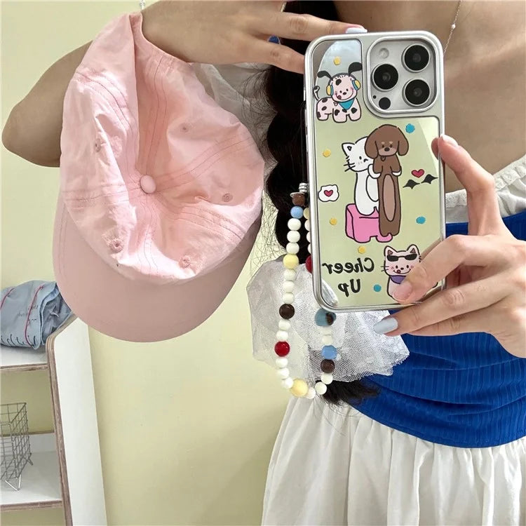 For iPhone 15 Pro Case with Strap Electroplated Mirror Animal Pattern TPU+Acrylic  Phone Cover