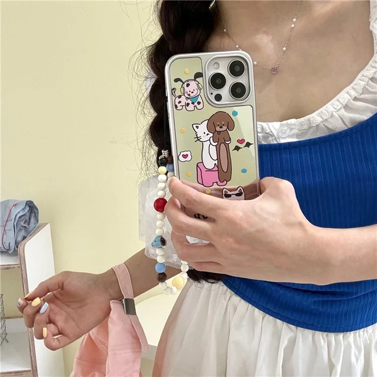 For iPhone 15 Pro Case with Strap Electroplated Mirror Animal Pattern TPU+Acrylic  Phone Cover