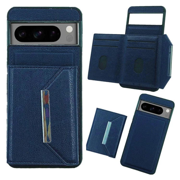 For Google Pixel 8 Pro Case Leather Phone Back Cover with Card Holder Kickstand