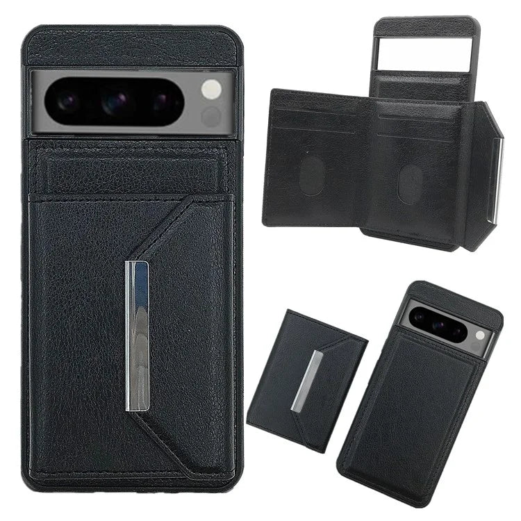 For Google Pixel 8 Pro Case Leather Phone Back Cover with Card Holder Kickstand