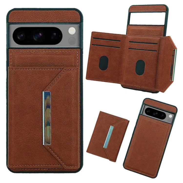 For Google Pixel 8 Pro Case Leather Phone Back Cover with Card Holder Kickstand