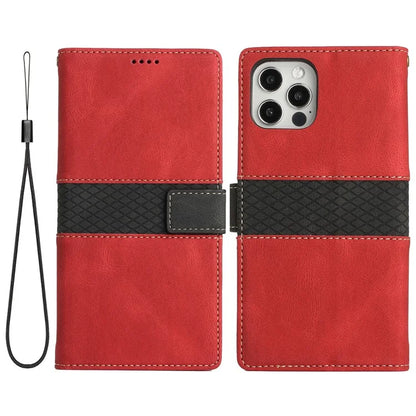 For iPhone 16 Pro Max Case Grid Splicing PU Leather Wallet Phone Cover