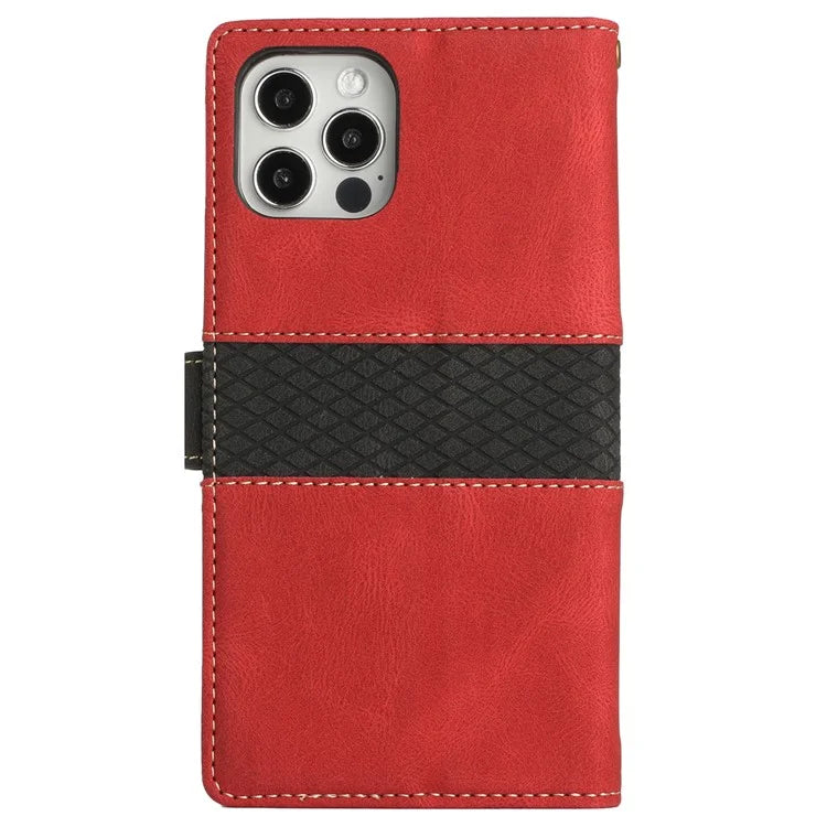 For iPhone 16 Pro Max Case Grid Splicing PU Leather Wallet Phone Cover