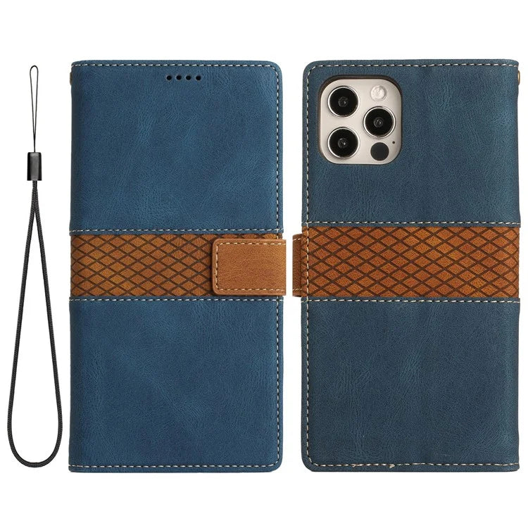 For iPhone 16 Pro Case with Hand Strap Grid Splicing Leather Phone Wallet Cover