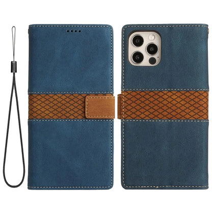 For iPhone 16 Pro Case with Hand Strap Grid Splicing Leather Phone Wallet Cover