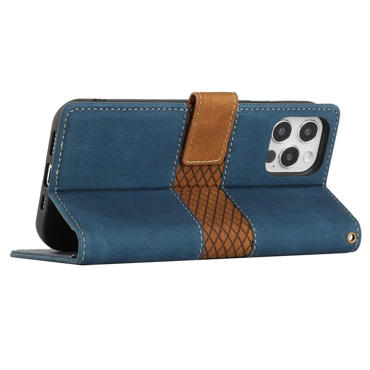 For iPhone 16 Pro Case with Hand Strap Grid Splicing Leather Phone Wallet Cover
