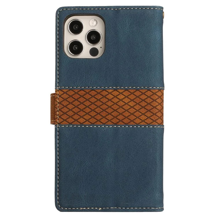 For iPhone 16 Pro Case with Hand Strap Grid Splicing Leather Phone Wallet Cover