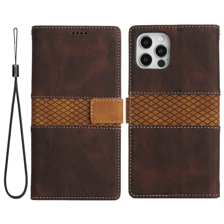 For iPhone 16 Pro Case with Hand Strap Grid Splicing Leather Phone Wallet Cover