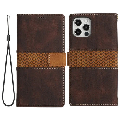 For iPhone 16 Pro Case with Hand Strap Grid Splicing Leather Phone Wallet Cover