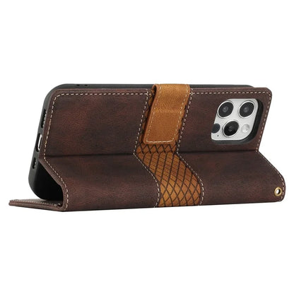 For iPhone 16 Pro Case with Hand Strap Grid Splicing Leather Phone Wallet Cover