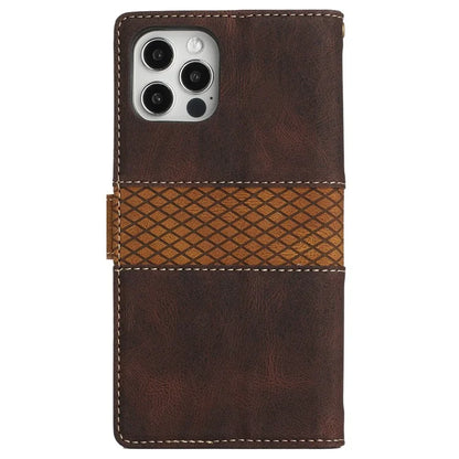 For iPhone 16 Pro Case with Hand Strap Grid Splicing Leather Phone Wallet Cover