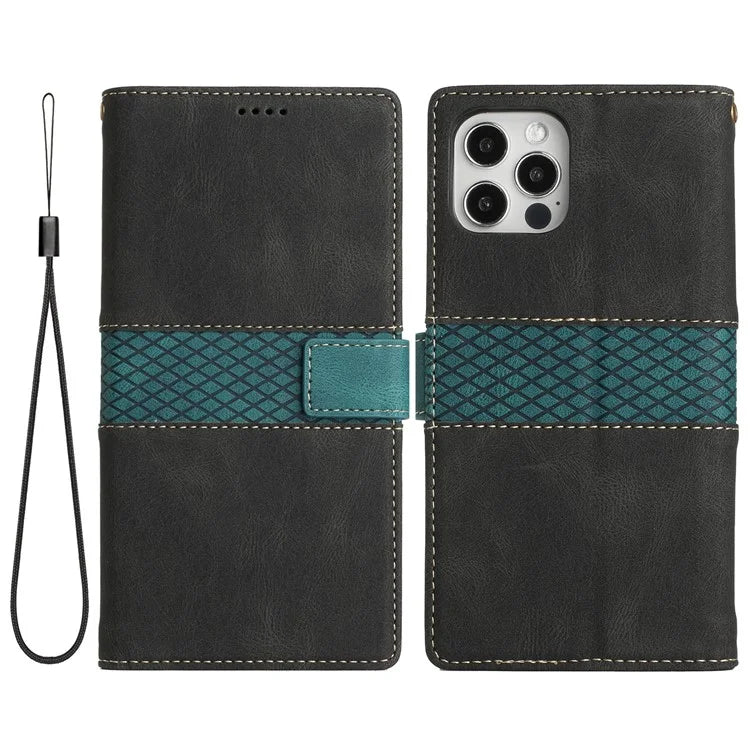 For iPhone 16 Pro Case with Hand Strap Grid Splicing Leather Phone Wallet Cover