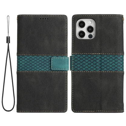 For iPhone 16 Pro Case with Hand Strap Grid Splicing Leather Phone Wallet Cover