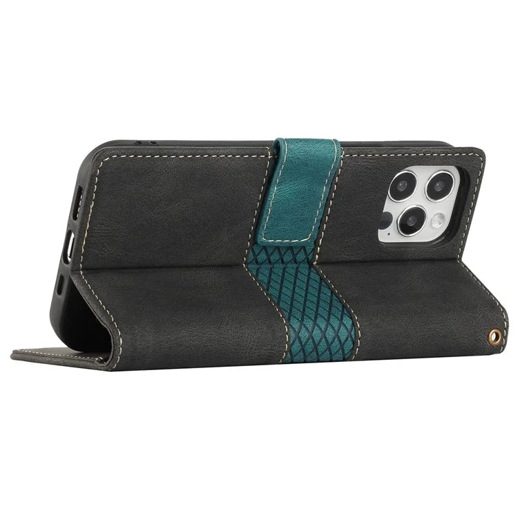For iPhone 16 Pro Case with Hand Strap Grid Splicing Leather Phone Wallet Cover