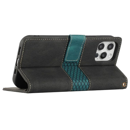 For iPhone 16 Pro Case with Hand Strap Grid Splicing Leather Phone Wallet Cover