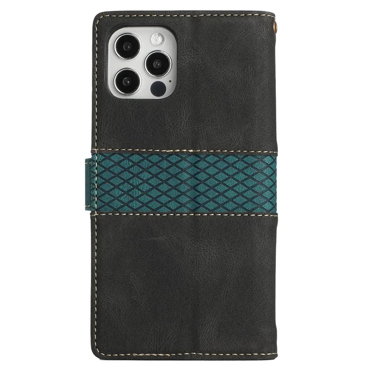 For iPhone 16 Pro Case with Hand Strap Grid Splicing Leather Phone Wallet Cover