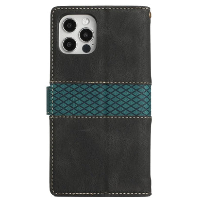 For iPhone 16 Pro Case with Hand Strap Grid Splicing Leather Phone Wallet Cover