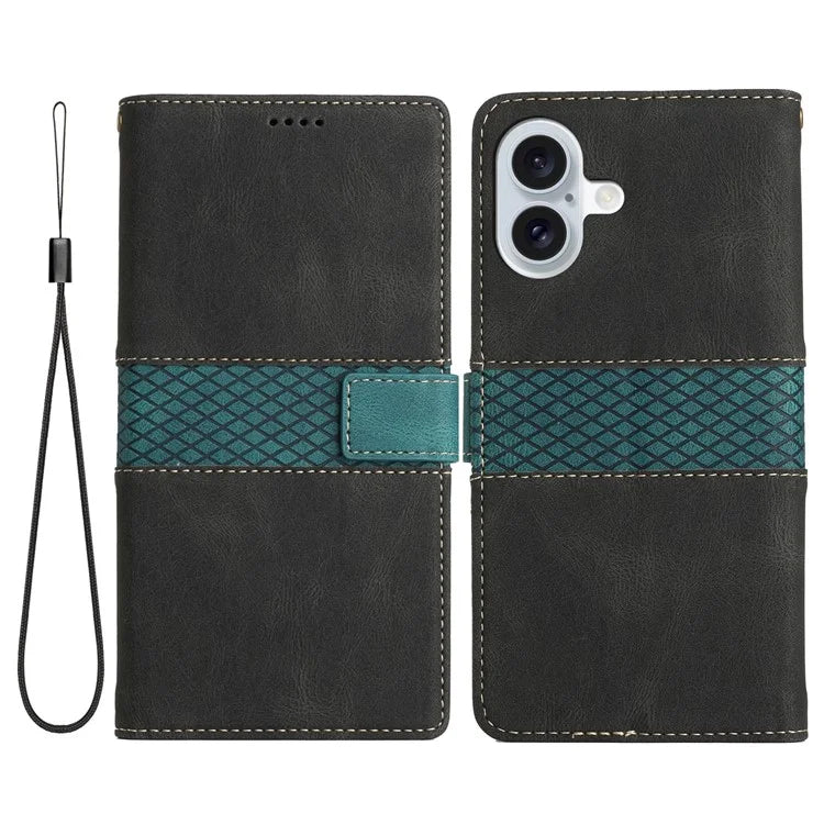 For iPhone 16 Case Grid Splicing Wallet Card Slots PU Leather Phone Cover