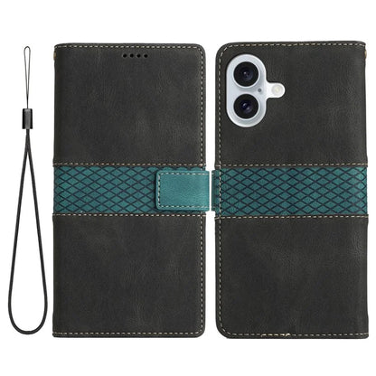 For iPhone 16 Case Grid Splicing Wallet Card Slots PU Leather Phone Cover