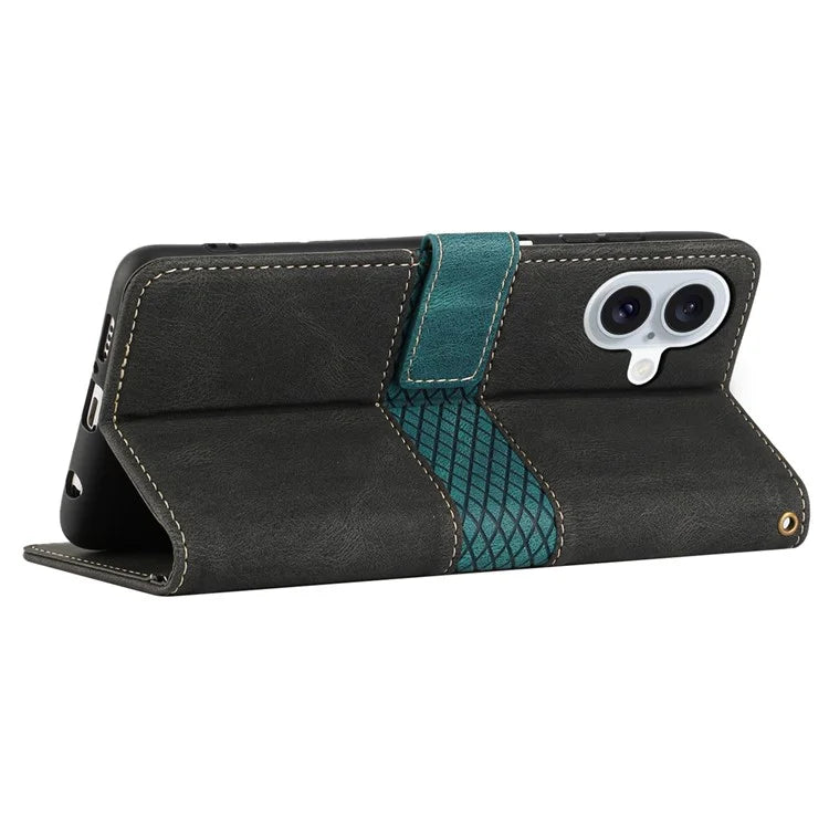 For iPhone 16 Case Grid Splicing Wallet Card Slots PU Leather Phone Cover