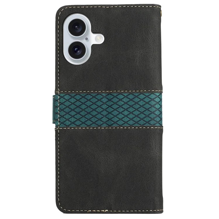 For iPhone 16 Case Grid Splicing Wallet Card Slots PU Leather Phone Cover