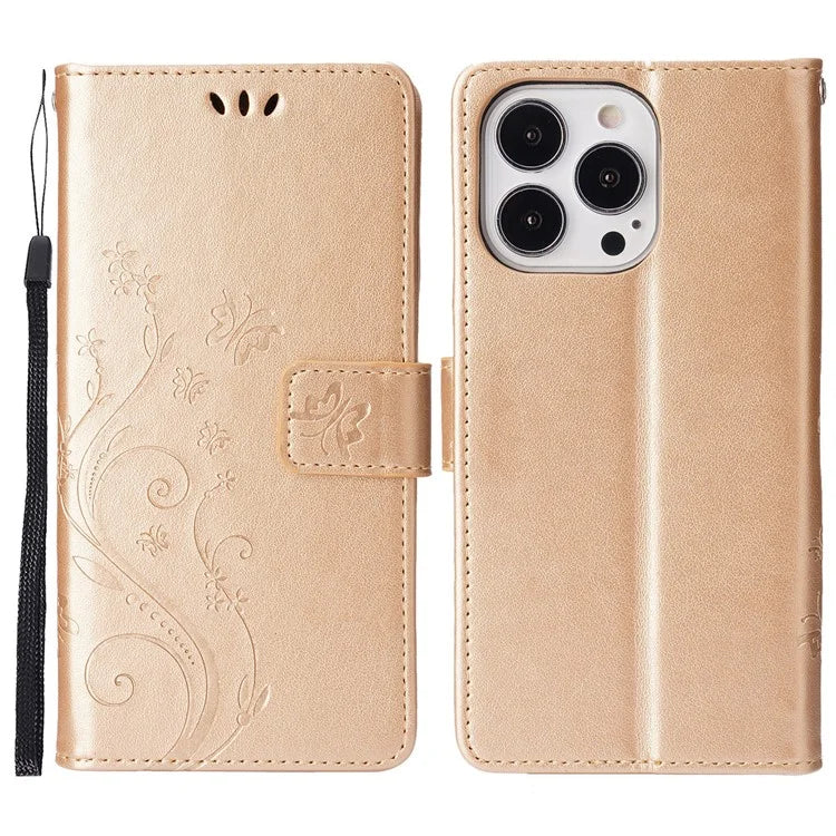 For iPhone 16 Pro Max Case Leather Phone Cover Butterfly Flower Pattern