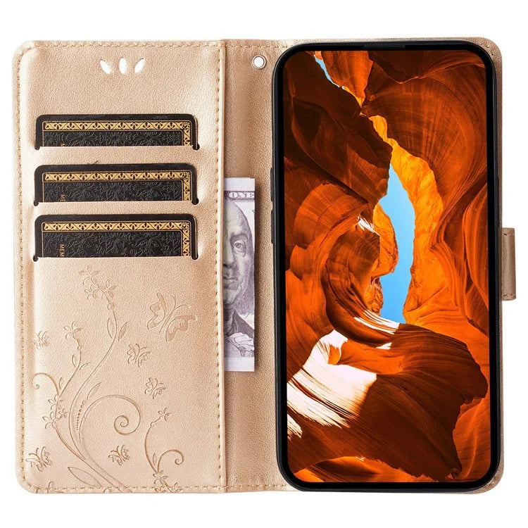 For iPhone 16 Pro Max Case Leather Phone Cover Butterfly Flower Pattern