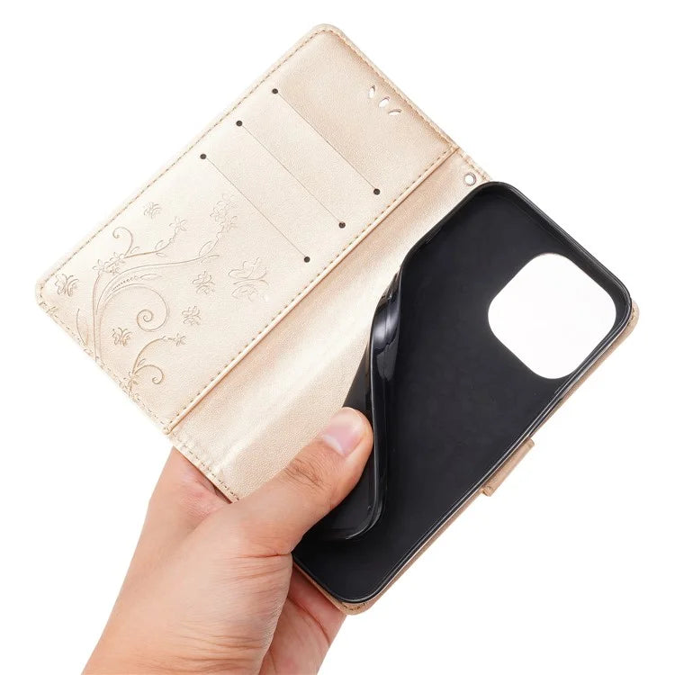 For iPhone 16 Pro Max Case Leather Phone Cover Butterfly Flower Pattern
