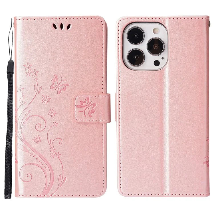For iPhone 16 Pro Max Case Leather Phone Cover Butterfly Flower Pattern