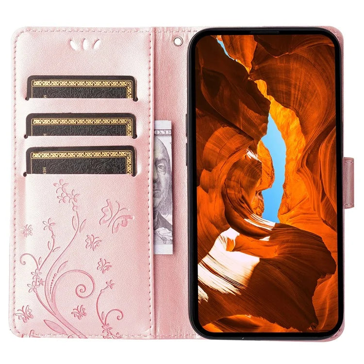 For iPhone 16 Pro Max Case Leather Phone Cover Butterfly Flower Pattern