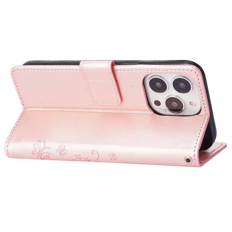 For iPhone 16 Pro Max Case Leather Phone Cover Butterfly Flower Pattern