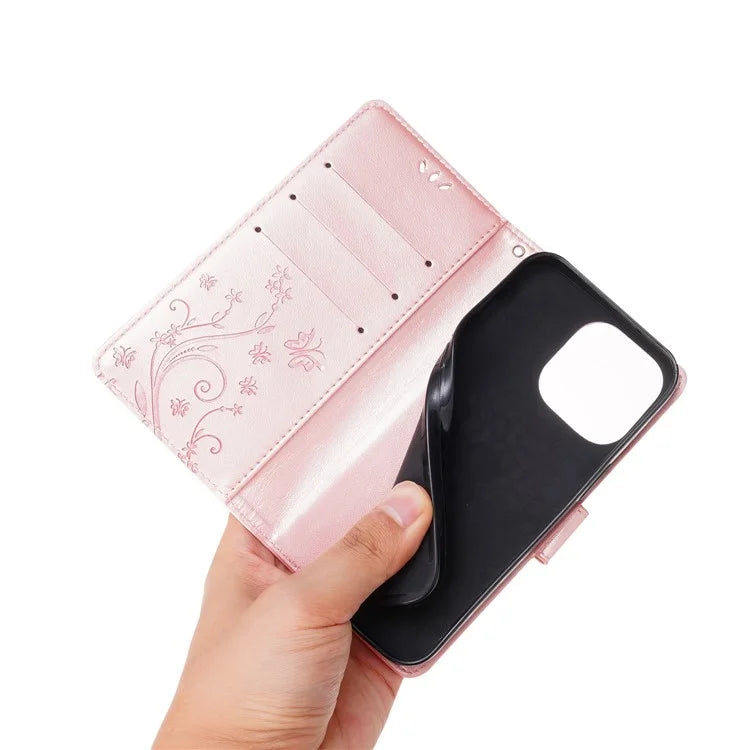 For iPhone 16 Pro Max Case Leather Phone Cover Butterfly Flower Pattern