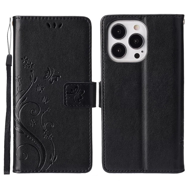 For iPhone 16 Pro Max Case Leather Phone Cover Butterfly Flower Pattern