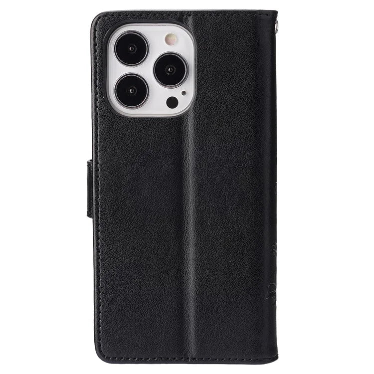 For iPhone 16 Pro Max Case Leather Phone Cover Butterfly Flower Pattern